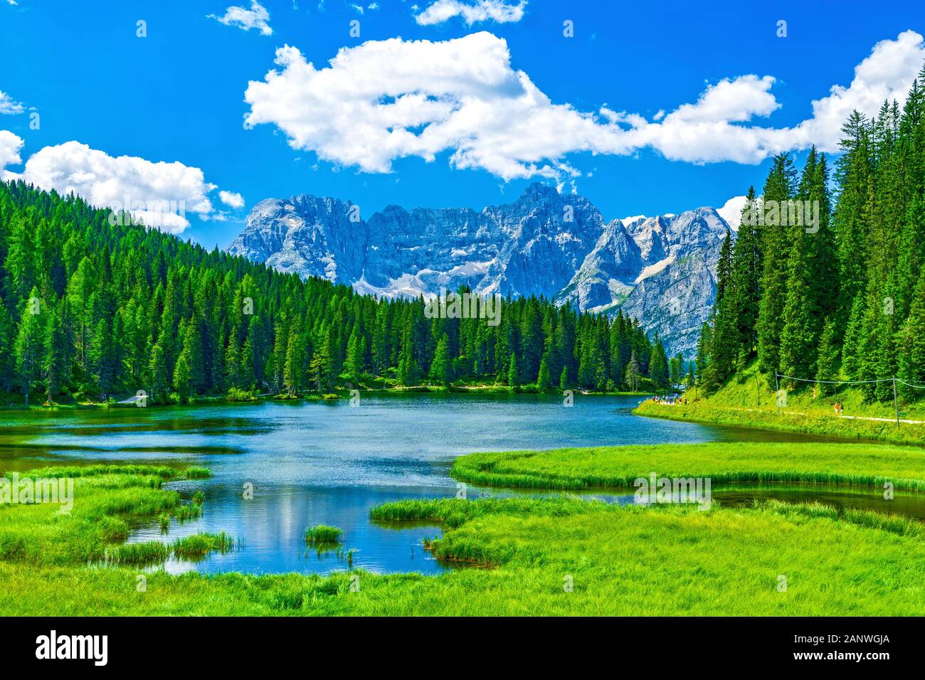 Misurina lake in Dolomites, mountain peaks landscape in Italy in summer, panorama Stock Photo
