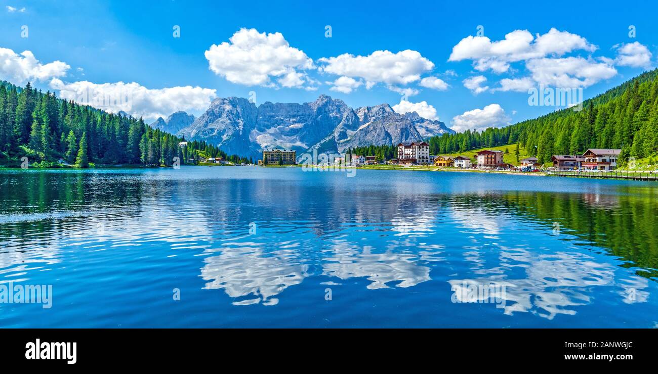 Misurina lake in Dolomites, mountain peaks landscape in Italy in summer, panorama Stock Photo
