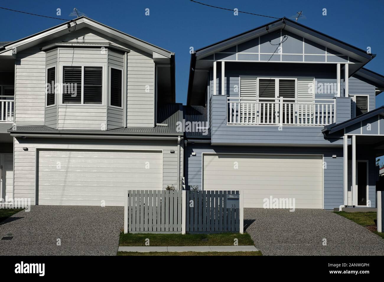 Contemporary 'new queenslander' equivalents, of Post War Houses in the Brisbane suburbs of Carina, Camp Hill, and Cannon Hill, their topography. Stock Photo