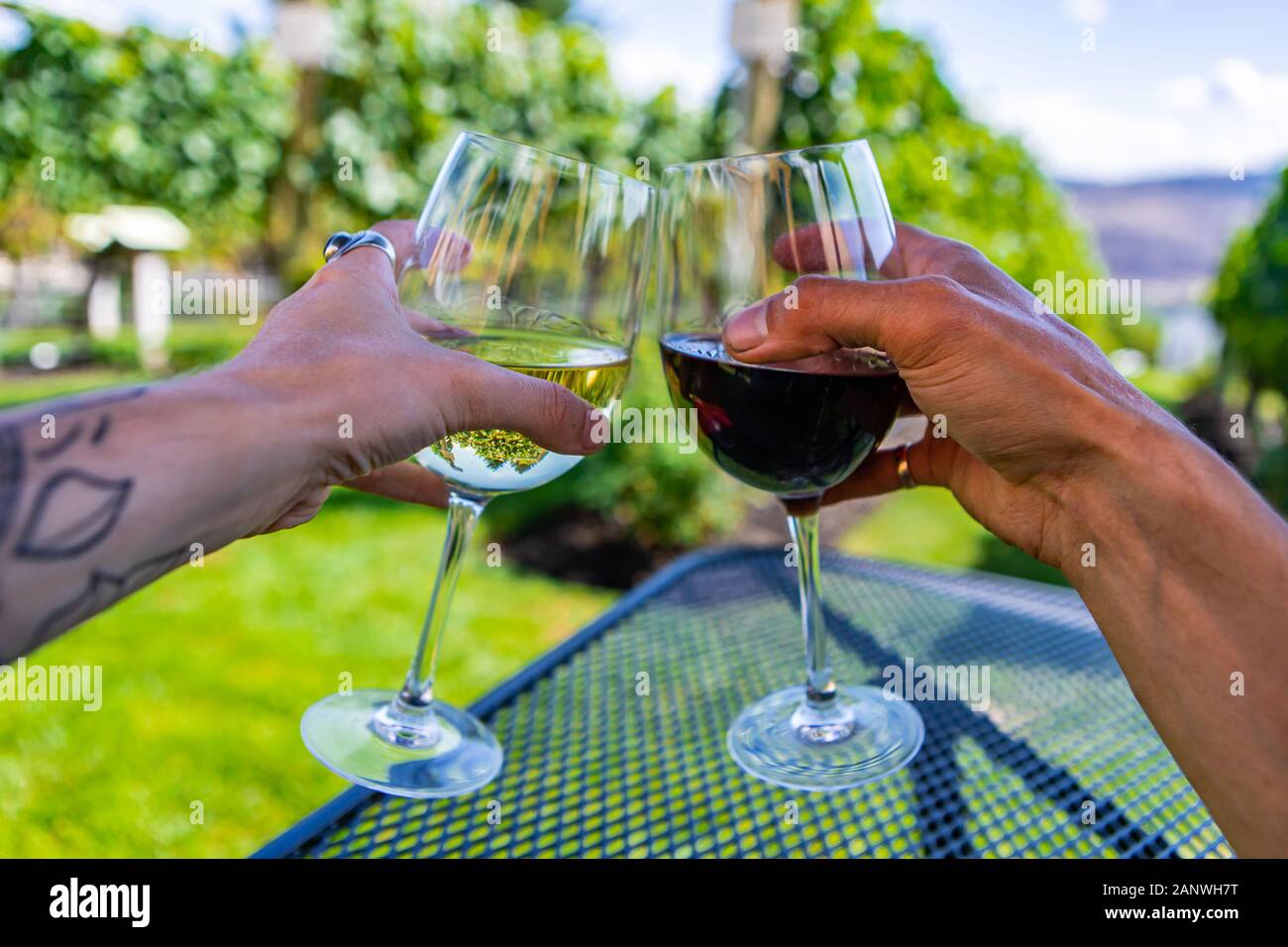man and woman hands cheering wine glasses as they sitting against beautiful landscape of winery