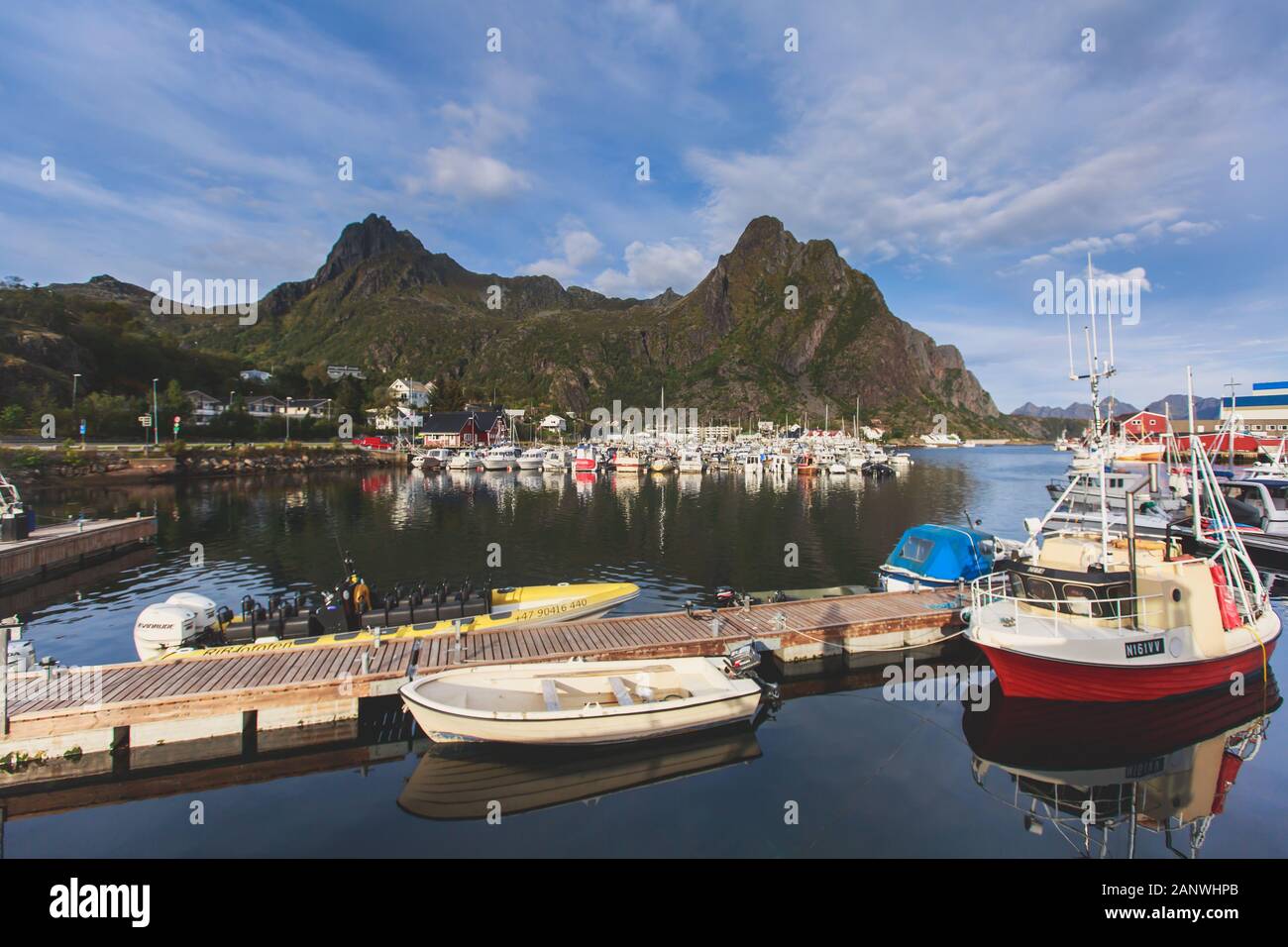 Beautiful super wide-angle winter summer view of Svolvaer, Norway ...