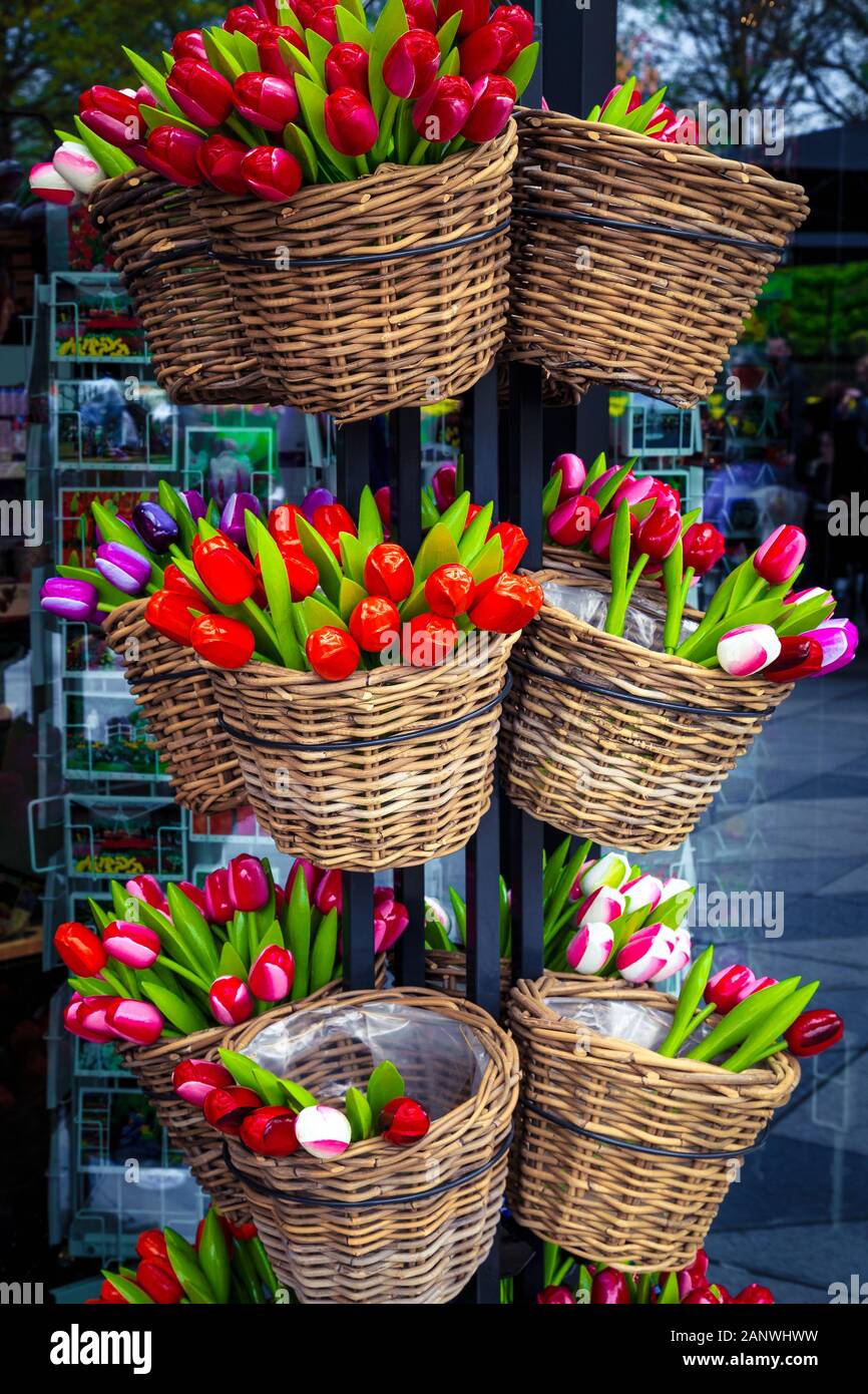 Beautiful colorful bouquets of wooden tulips in the rustic basket and picturesque postcards on the stand. Dutch souvenir shop decoration in Amsterdam, Stock Photo