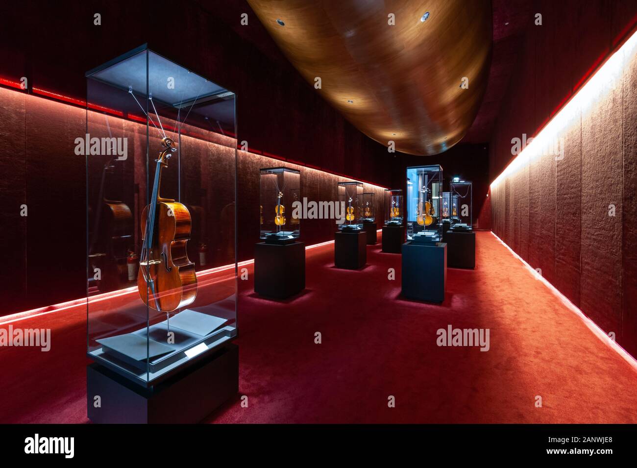 The 'Treasure Chest' at the Violin Museum in Cremona, Lombardy, Italy, gallery of ancient stringed instruments by Stradivari, Amati, and Guarneri Stock Photo