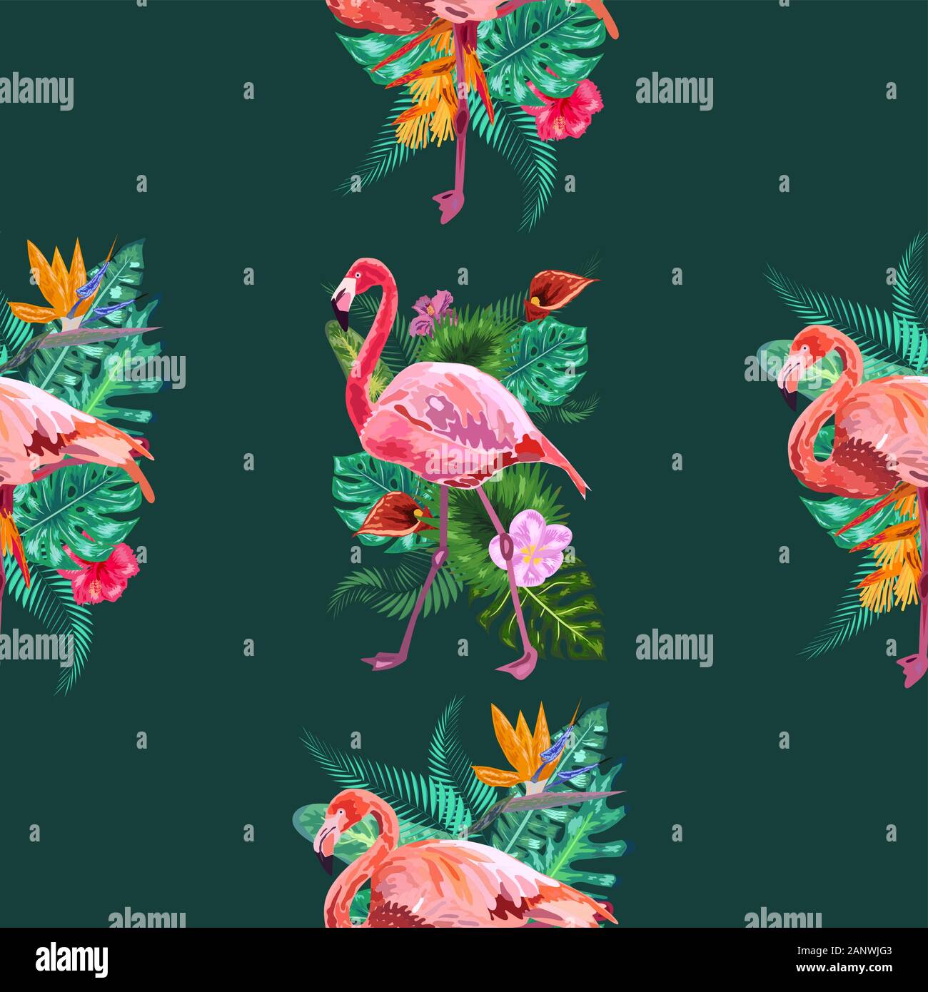 Tropical bird pink flamingo and flowers hibiscus, frangipani, orchid. Seamless pattern Stock Vector