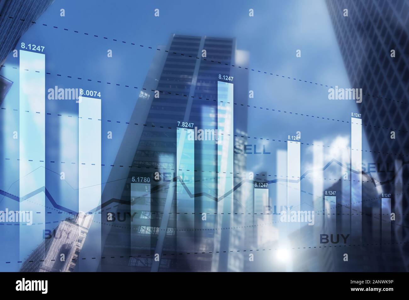 Double Exposure of Stocks Market Chart and Hong Kong city. Sell and By Concept Stock Photo