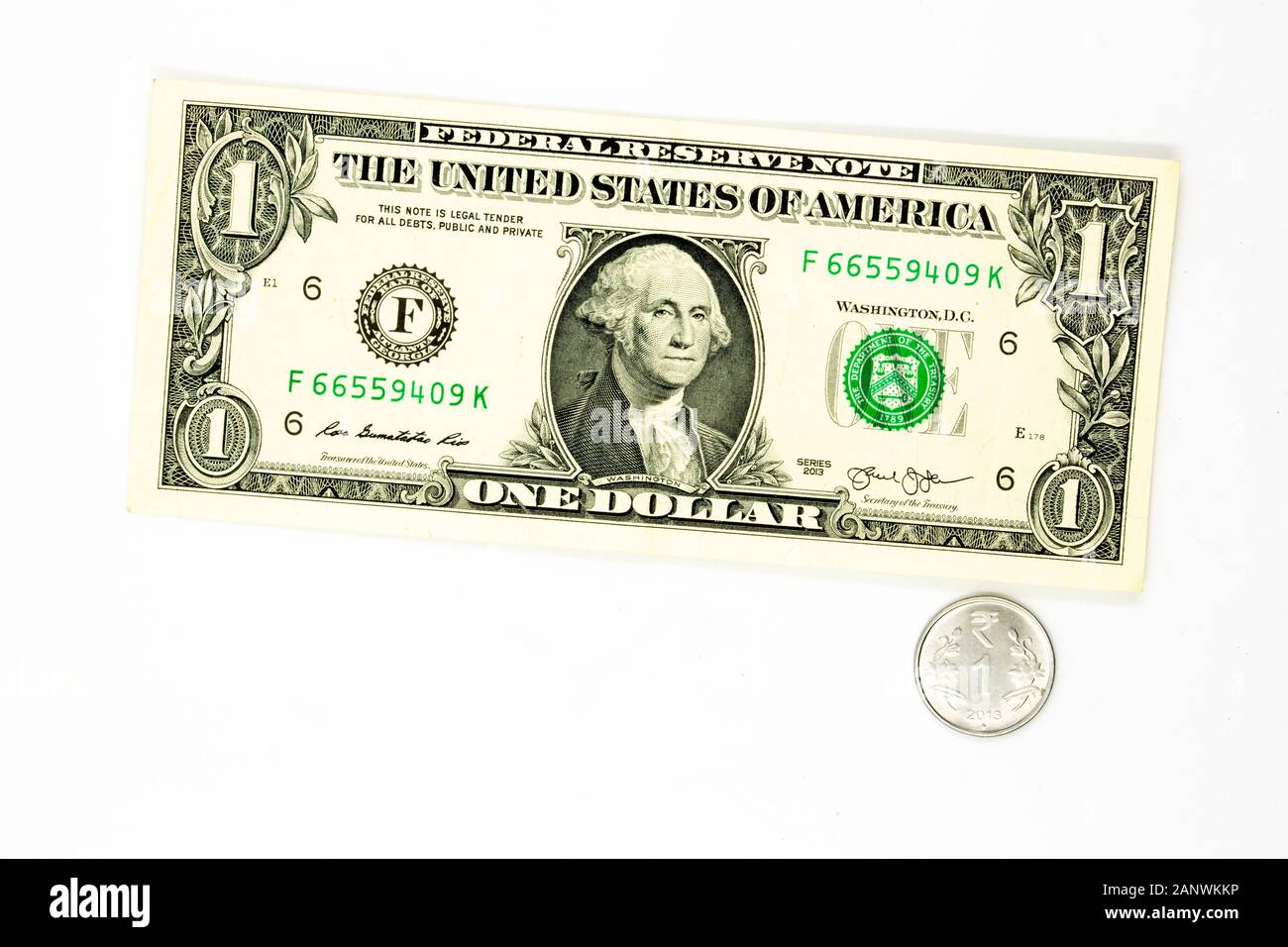 Dollar bill and Indian 2 rupees coin on a same image.Dollar vs INR, Inr vs USD Stock Photo