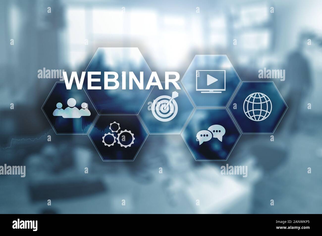 Webinar on virtual screen. Inscription on blurred office background Stock Photo