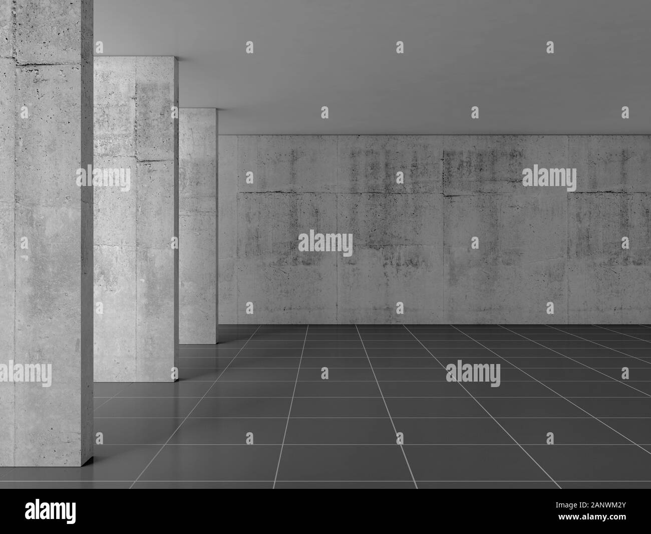 Abstract empty concrete room interior with columns and black floor tiling, 3d rendering illustration Stock Photo
