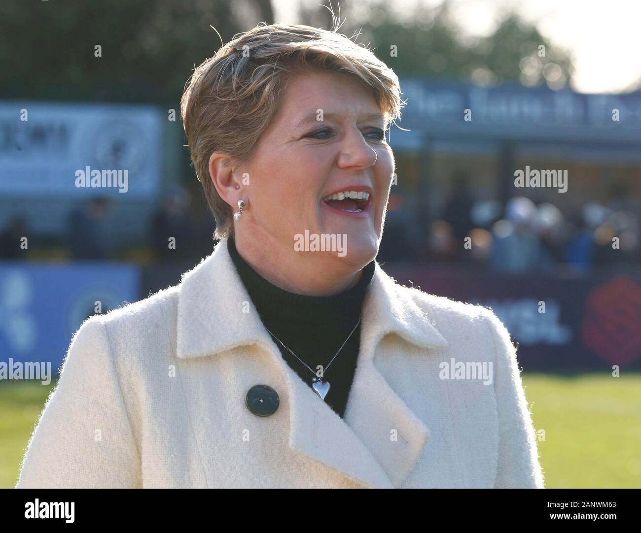 BOREHAMWOOD, ENGLAND - JANUARY 19: Clare Balding  broadcasteduring Barclays Women's Super League match between Arsenal Women and Chelsea Women at Mead Stock Photo