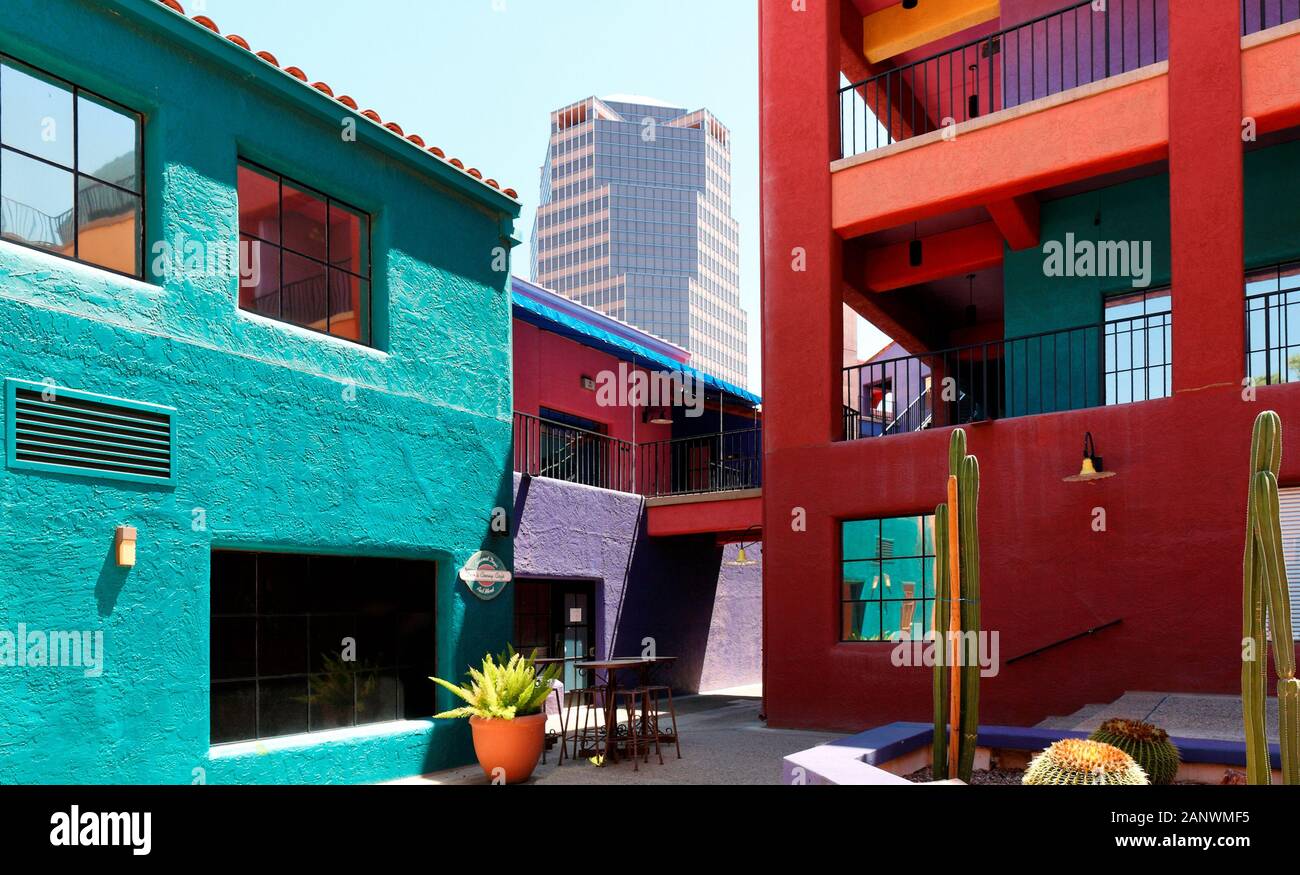 Tucson Skyline Showing the Colorful Building at La Placita Park. Stock Photo