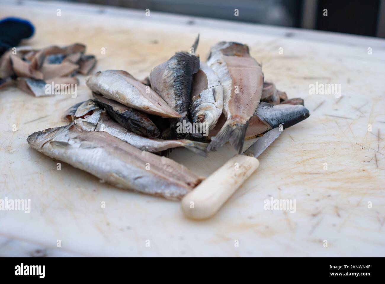 Small fish next to white handled knife on white cutting board Stock Photo