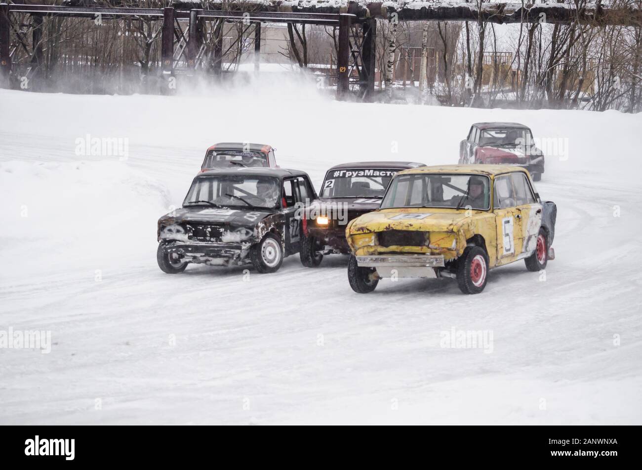 Winter racing on the ice track. Russian racing car company Lada. Stock Photo