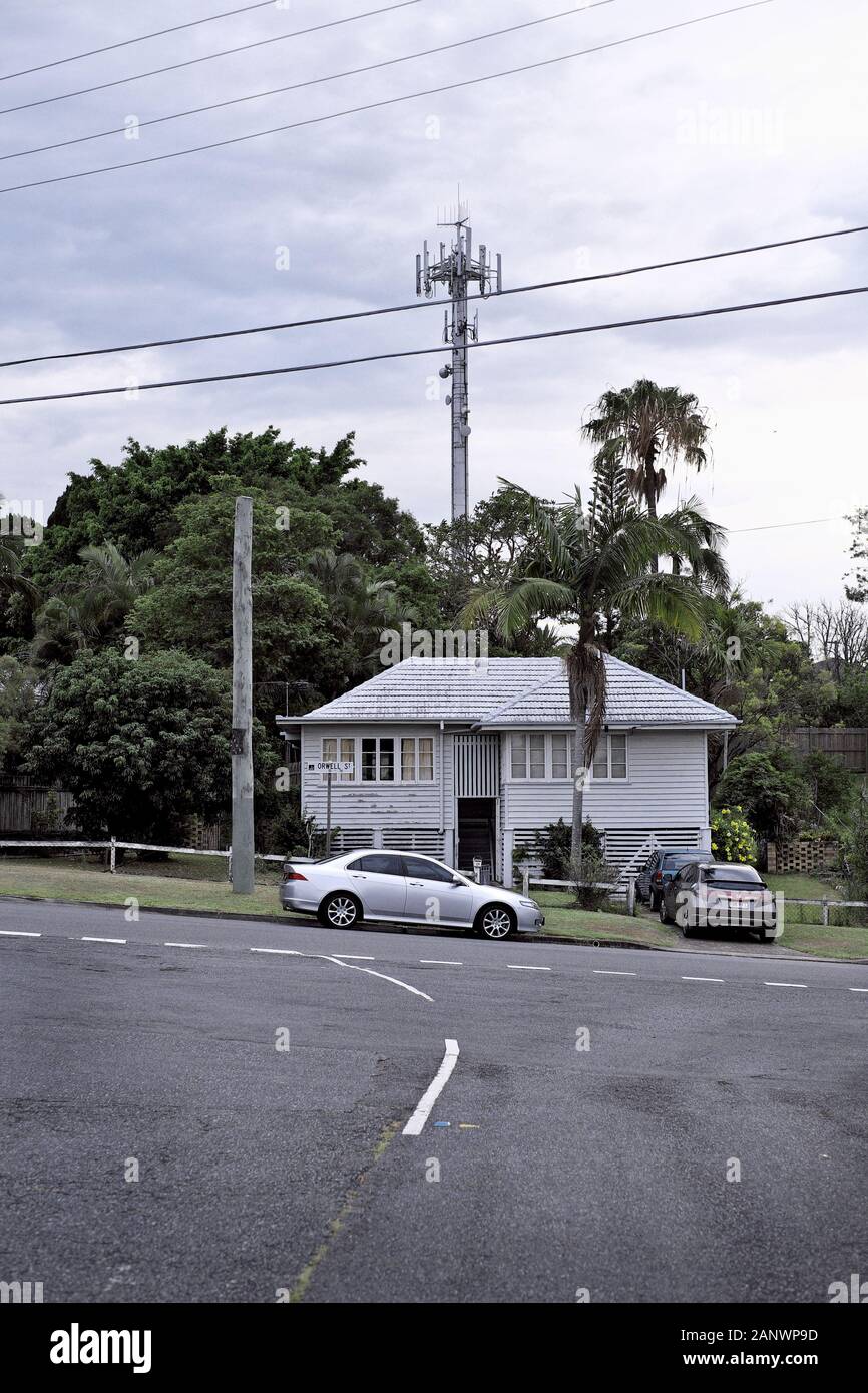 Comms Tower Post War Houses in the Brisbane suburbs of Carina, Camp Hill, Seven hills and Cannon Hill, their topography and modern new queenslanders Stock Photo