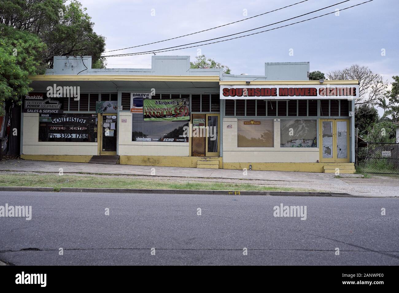 Two small commercial shops. Architectural survey in the Brisbane suburbs of Carina, Camp Hill, Seven Hills, Cannon Hill, their topography. Stock Photo
