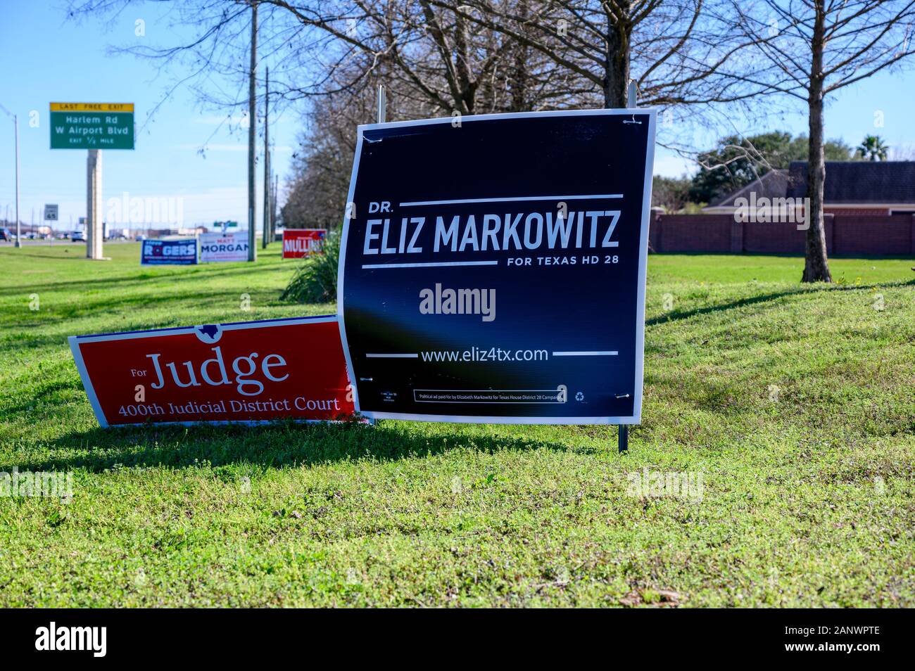 Richmond, Texas - January 19, 2020: Political campaign sign of Democrat Eliz Markowitz for the Texas State Representative House District 28 special el Stock Photo