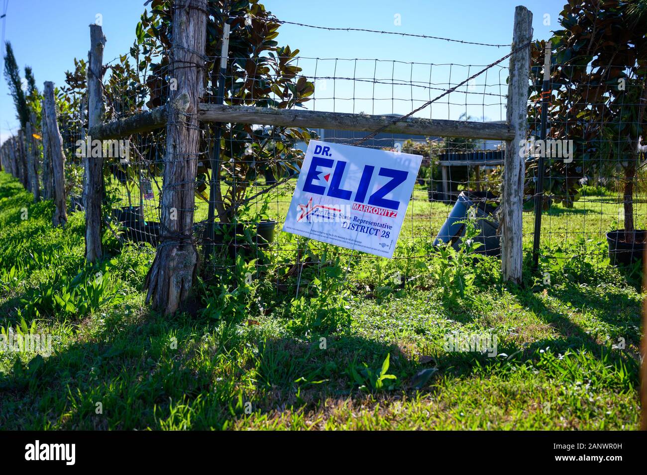 Orchard, Texas - January 19, 2020: Political campaign sign of Democrat Eliz Markowitz for the Texas State Representative House District 28 special ele Stock Photo
