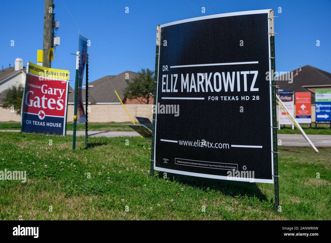 Richmond, Texas - January 19, 2020: Political campaign signs of Democrat Eliz Markowitz and Republican Gary Gates for the Texas State Representative H Stock Photo