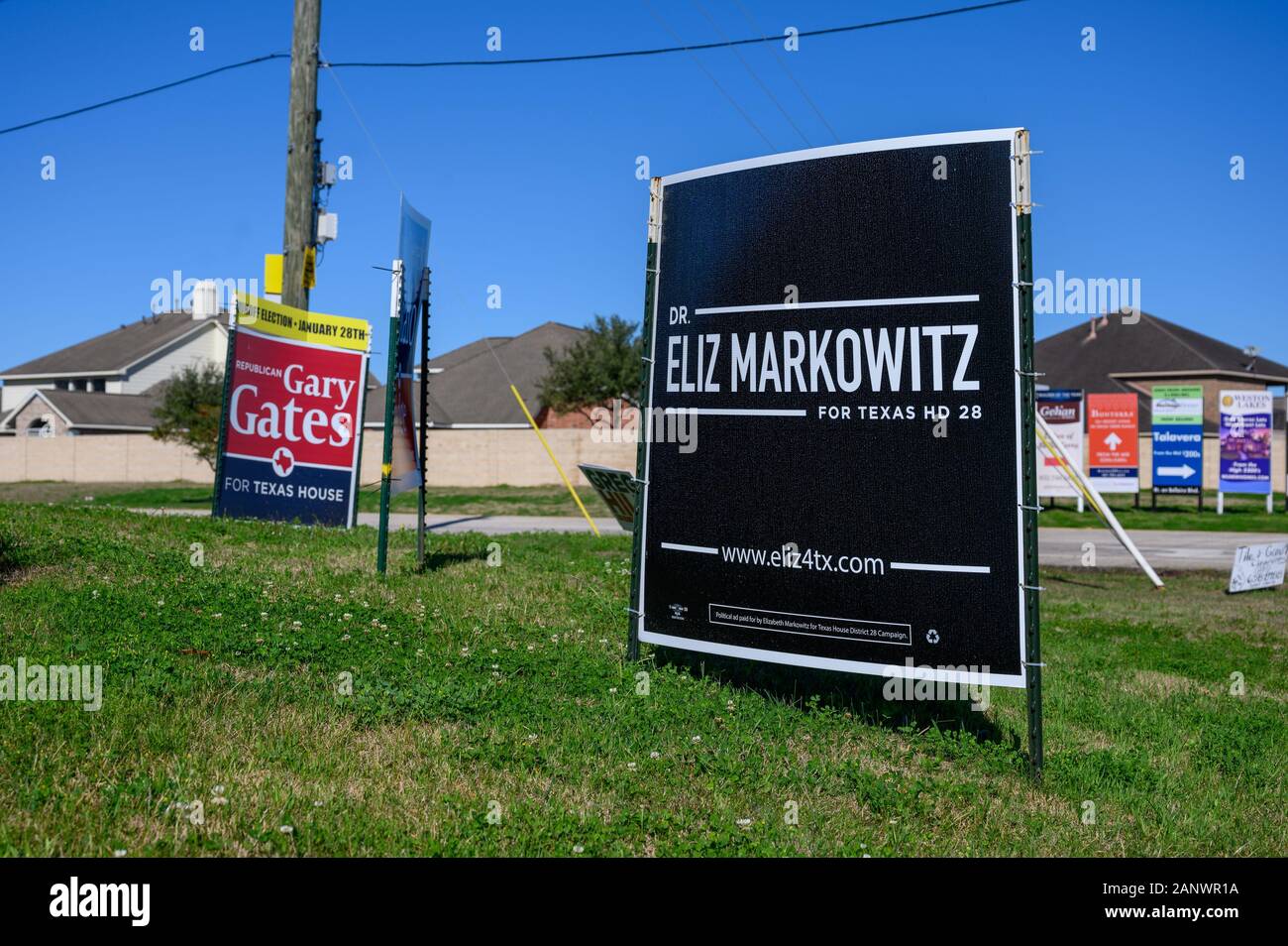 Richmond, Texas - January 19, 2020: Political campaign signs of Democrat Eliz Markowitz and Republican Gary Gates for the Texas State Representative H Stock Photo