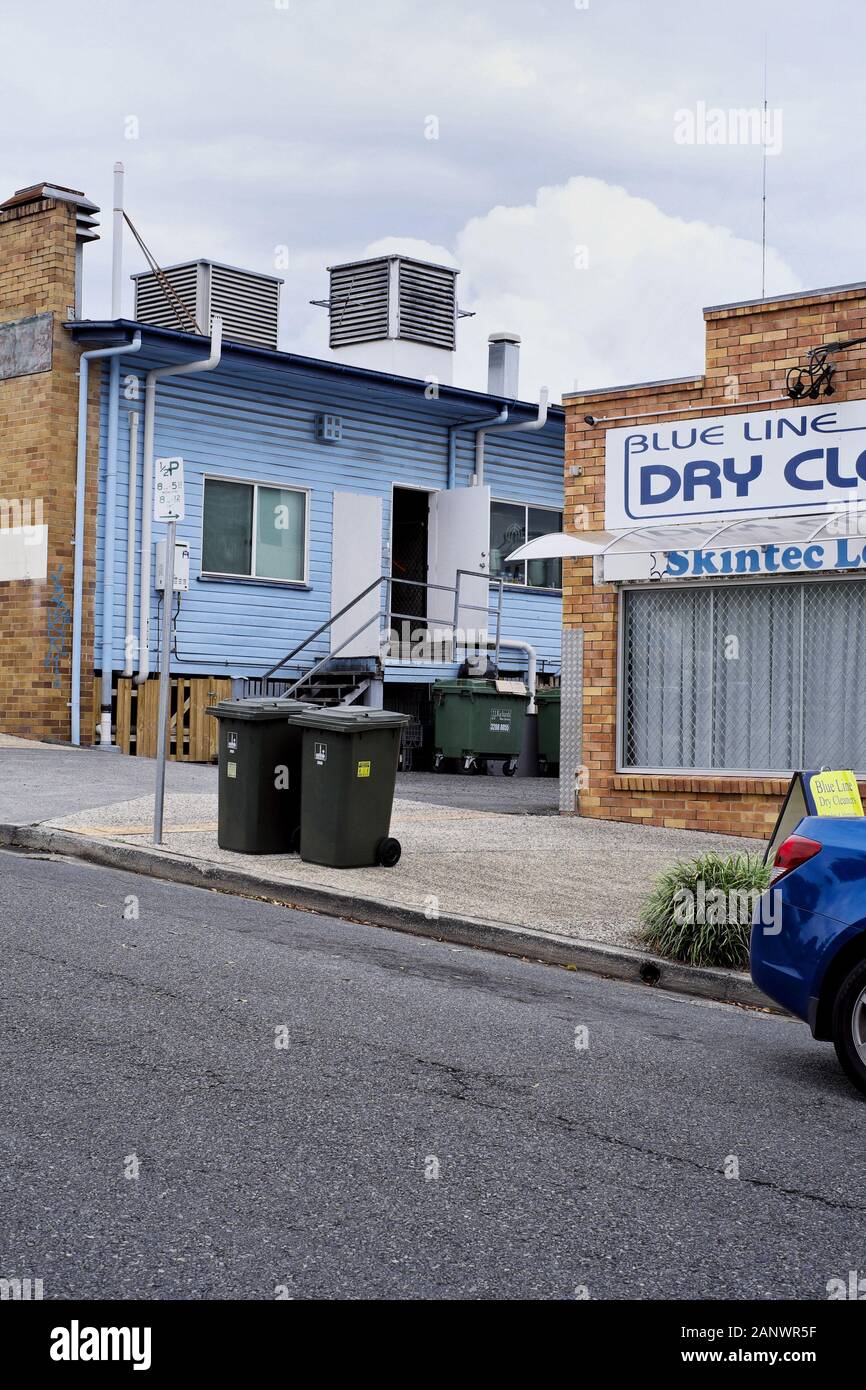 Commercial buildings, Dry Cleaners. Architectural survey in the Brisbane suburbs of Carina, Camp Hill, Seven Hills, Cannon Hill, their topography Stock Photo