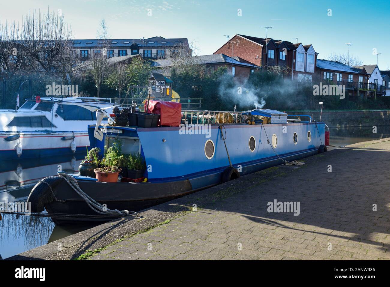 Living in Barge In Winter on The Nottingham Canal, UK. Stock Photo