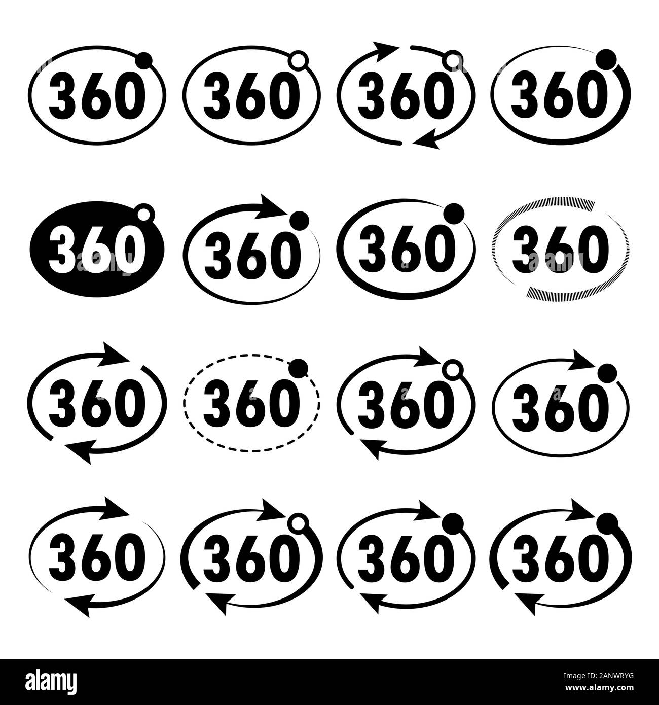 Three hundred sixty degrees view signs on light background. Set of 360 degrees icon. Vector illustration. Stock Vector