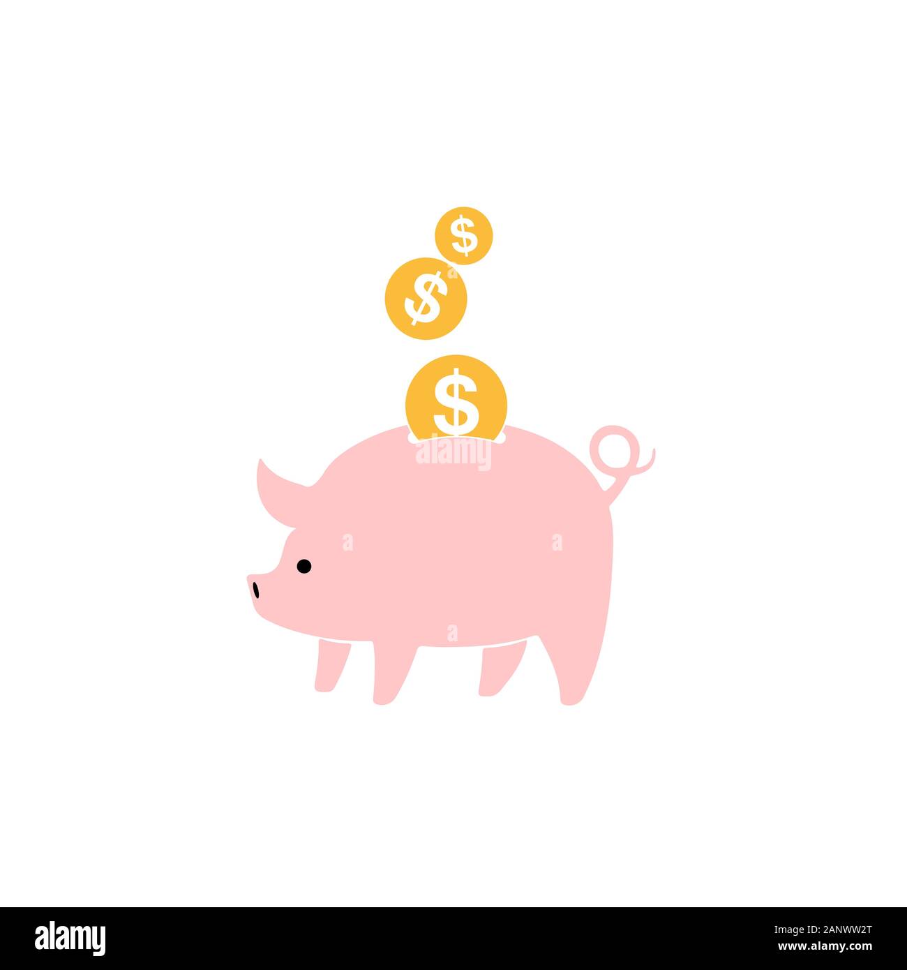 Pink piggy bank and gold coins isolated. Piggy bank with falling dollar ...