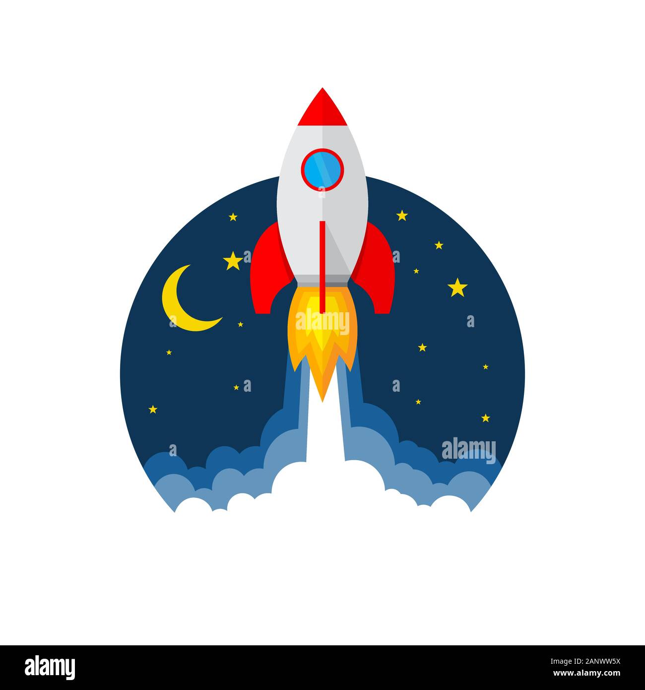 Start up of the space rocket. Rocket ship in flat design. Vector ...