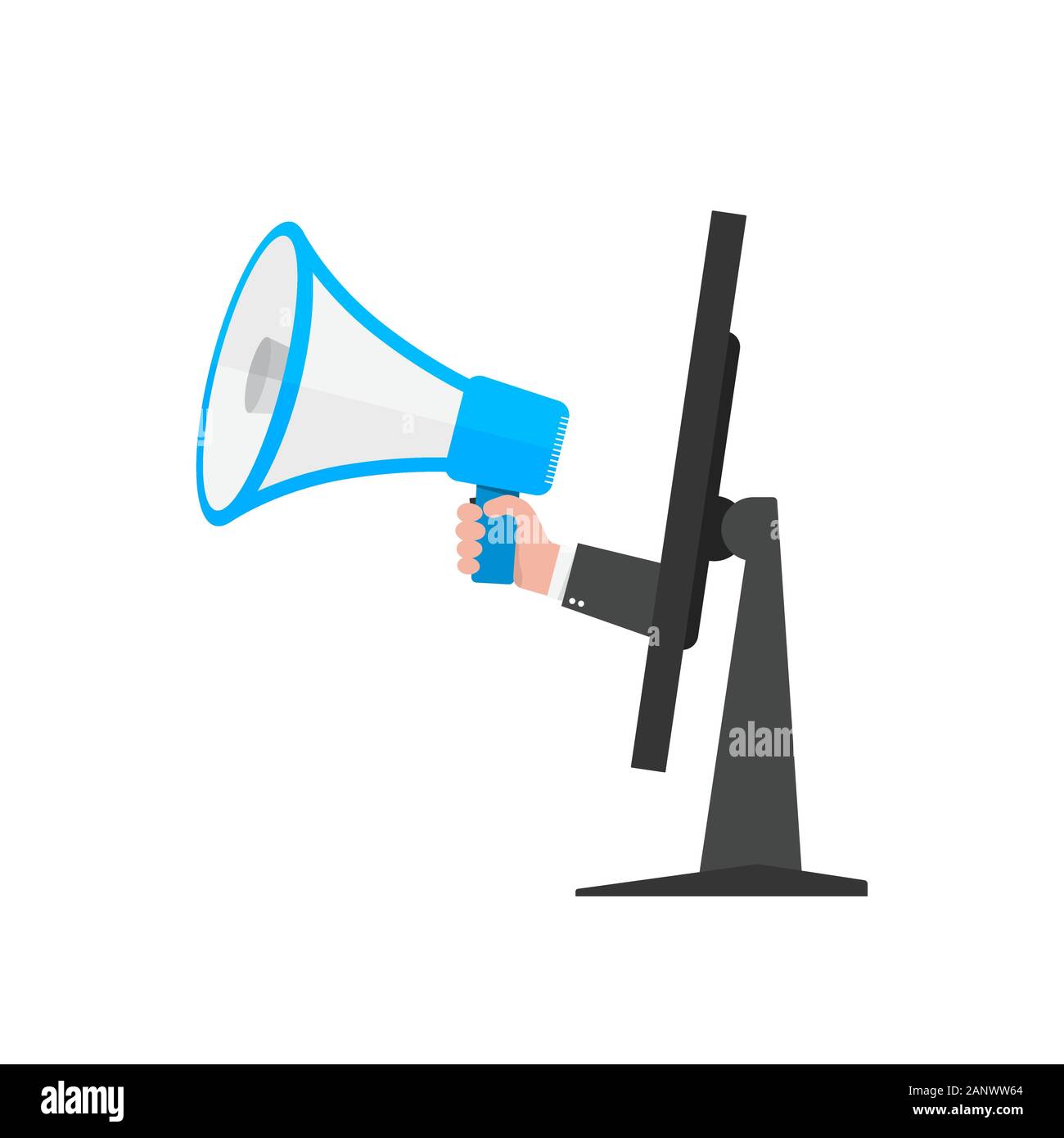 Loudspeaker Or Megaphone In The Male Hand Coming Out From Screen Of 