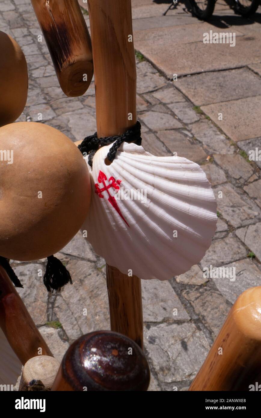 Clam shells decorate traditional walking sticks on sale in Santiago de Compostela Galicia Spain Stock Photo