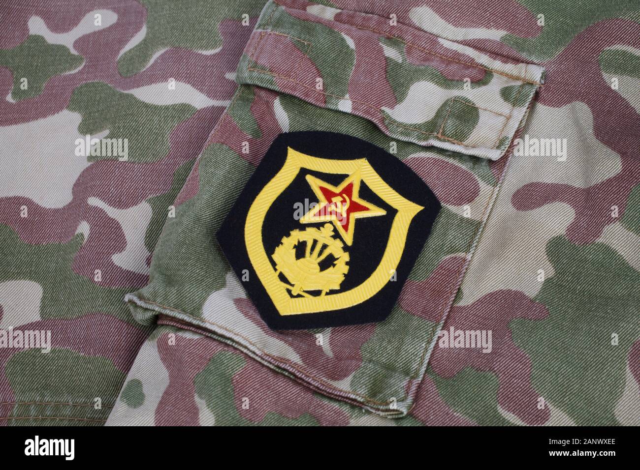 USSR military uniform - Soviet Army Combat engineer shoulder patch on camouflage uniform Stock Photo