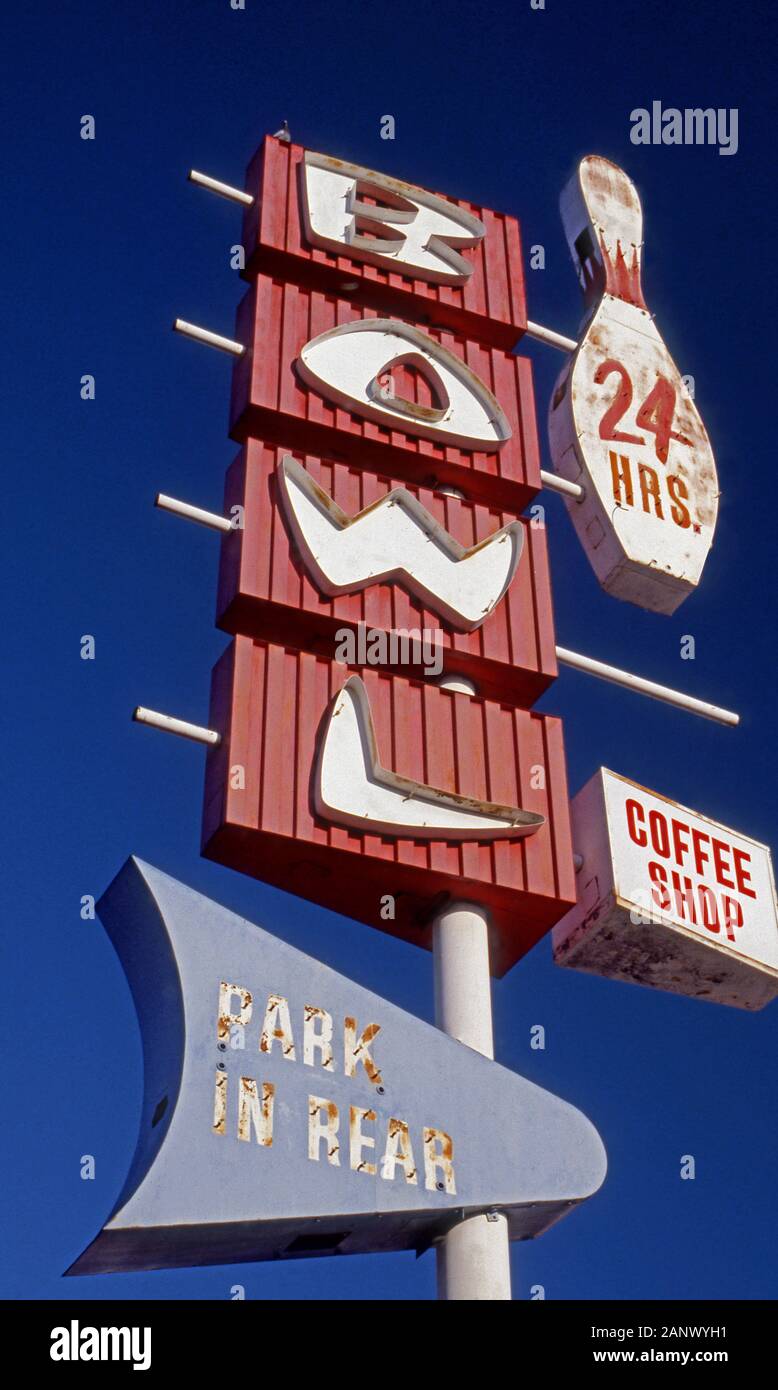 Colorful 1960s era bowling alley sign in West Los Angeles, CA Stock Photo