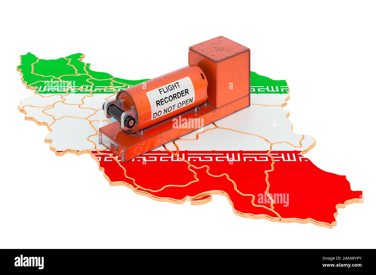 Flight data recorder, black box on Iranian map 3D rendering isolated on white background Stock Photo