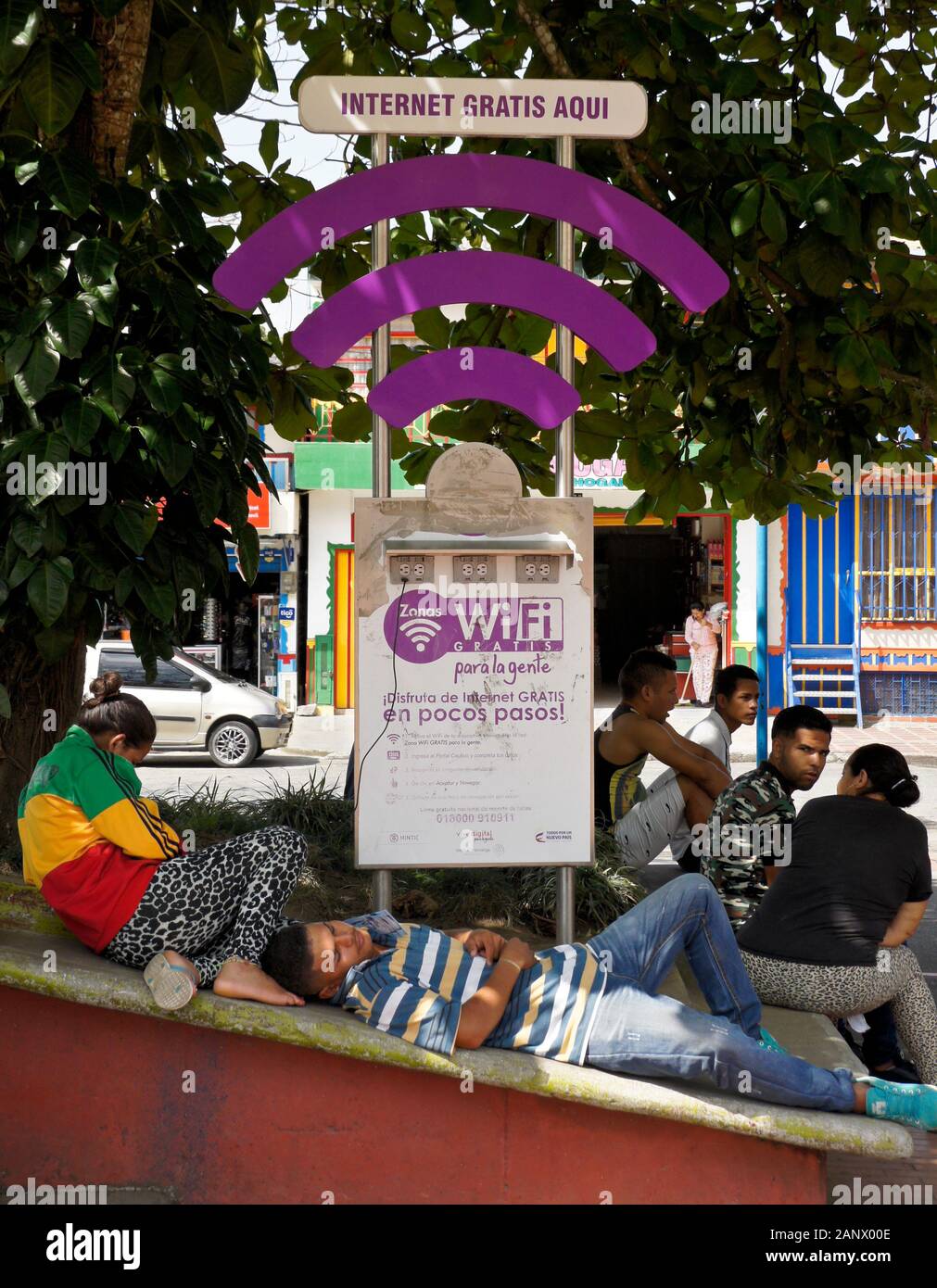 Free Internet hot spot and charging station on Plaza de Bolivar, Barcelona, Quindio Department, Colombia Stock Photo
