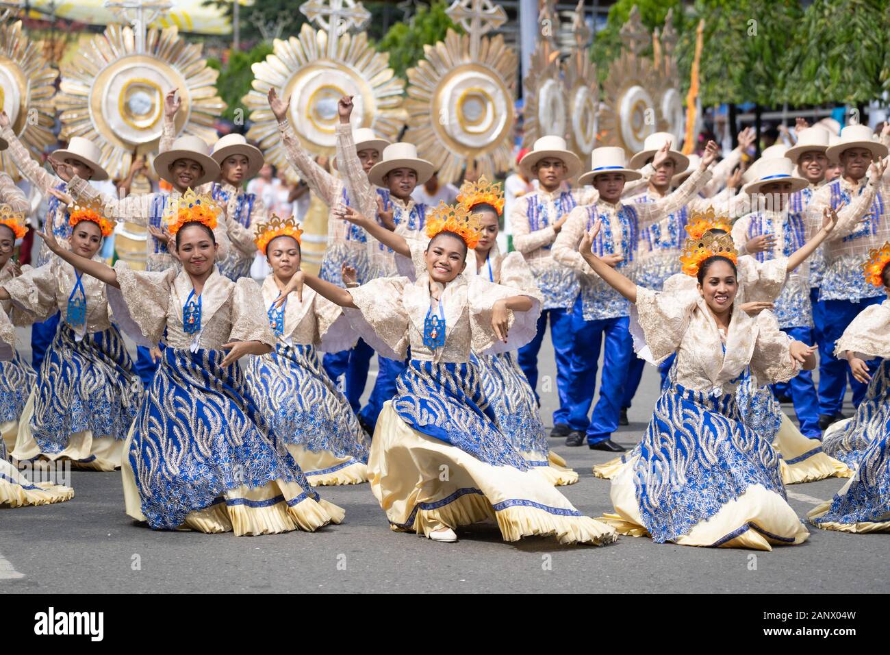 Cebu City, Philippines. 19th Jan, 2020. Street dancers taking part in the Sinulog Festival, Grand Street Parade, one of the largest street festivals in the Philippines. Dance groups proceed through the City performing their set routines, being judged along the route & finally performing at the City Sports Centre.The Event is part of Sinulog (Fiesta Señor) - a nine day religious festival honouring the Santo Nino De Cebu (Holy Child of Cebu). Credit: imagegallery2/Alamy Live News Stock Photo