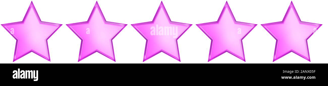 5 pink stars for rating isolated on white background. 3d render. Stock Photo