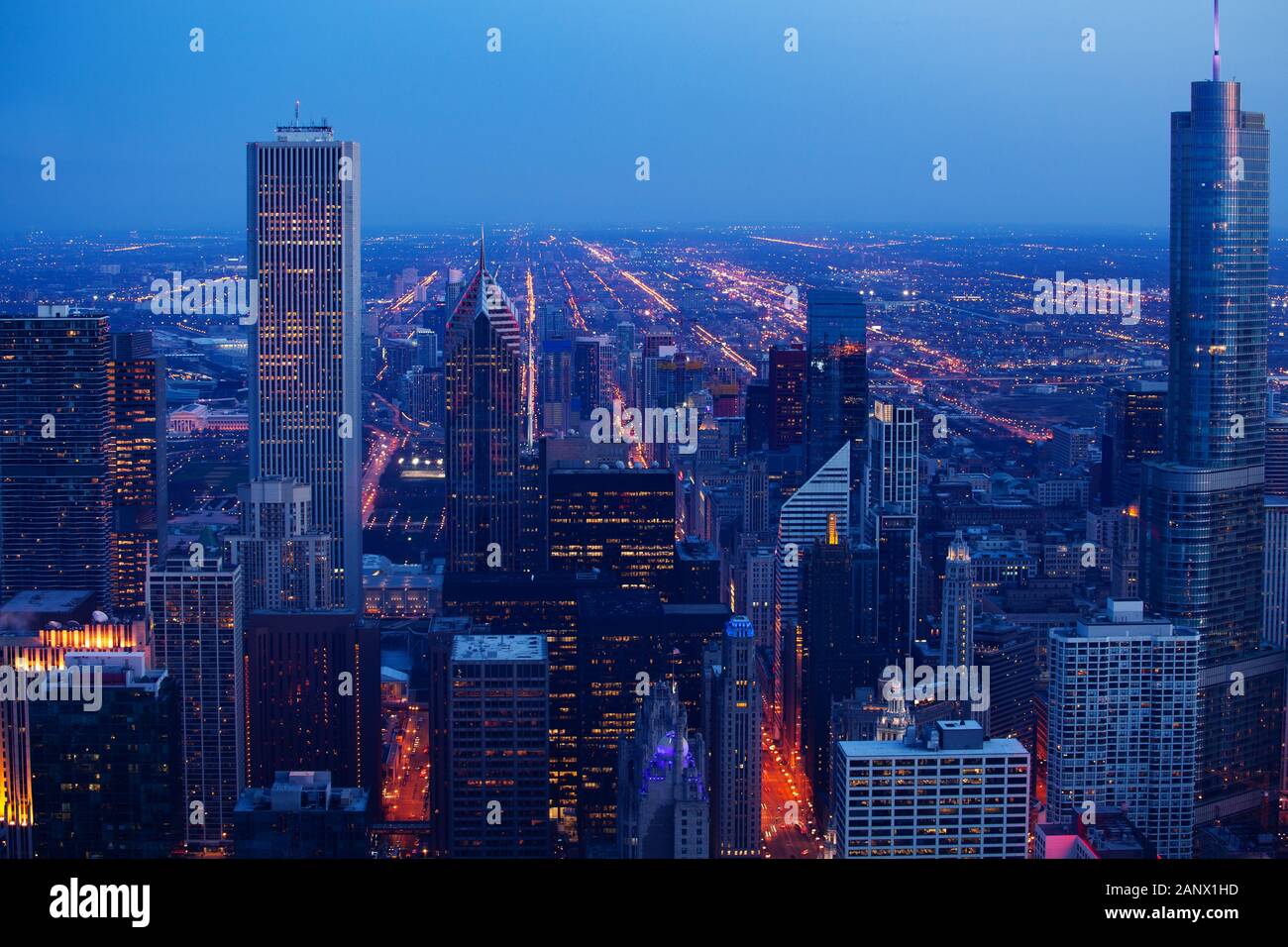 Chicago downtown evening dark time cityscape wide panorama, aerial or