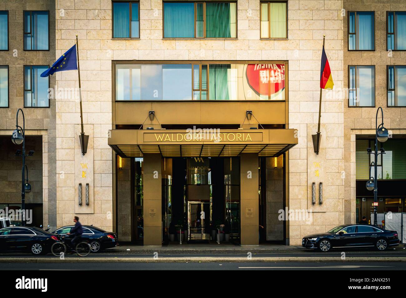 Berlin, Germany - May 30, 2019: The entrance of the luxury hotel Waldorf Astoria housed in the skyscraper Zoofenster at Kurfürstendamm Stock Photo