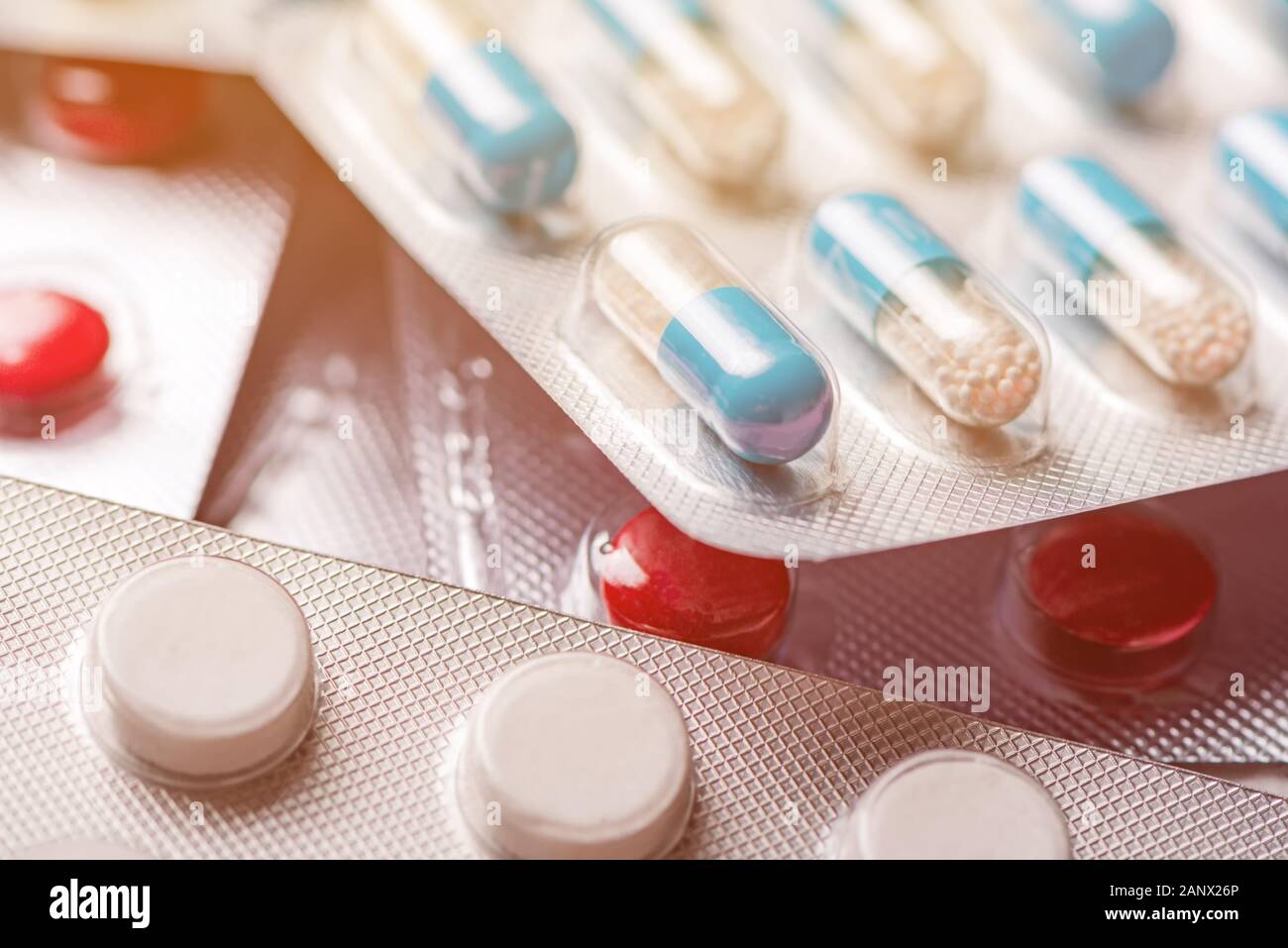 Pills and tablets macro, pharmacy and healthcare industry, selective focus Stock Photo