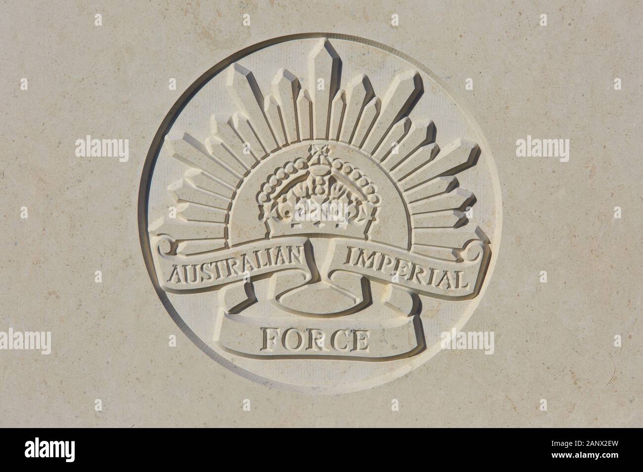 The Australian Imperial Force (1914-1921) emblem on a World War I headstone at Tyne Cot Cemetery in Zonnebeke, Belgium Stock Photo