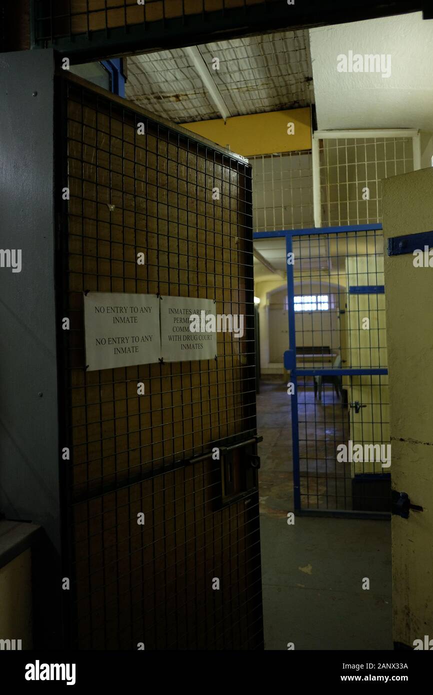 Inmates wing seen through metal mesh security door, Parramatta Gaol, Sydney, Australia Stock Photo