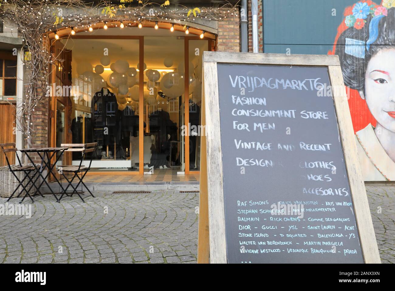 Trendy shops on Vrijdagmarkt, a beautiful square in a lively area of old  Antwerp, Belgium, north Europe Stock Photo - Alamy