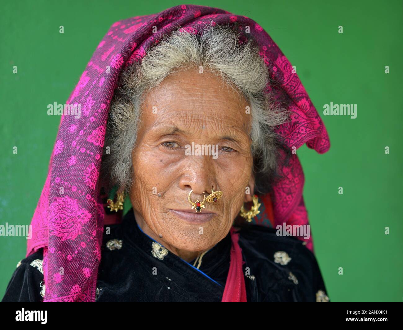 Elegant elderly Nepali Magar woman with traditional nose jewelry poses for the camera. Stock Photo