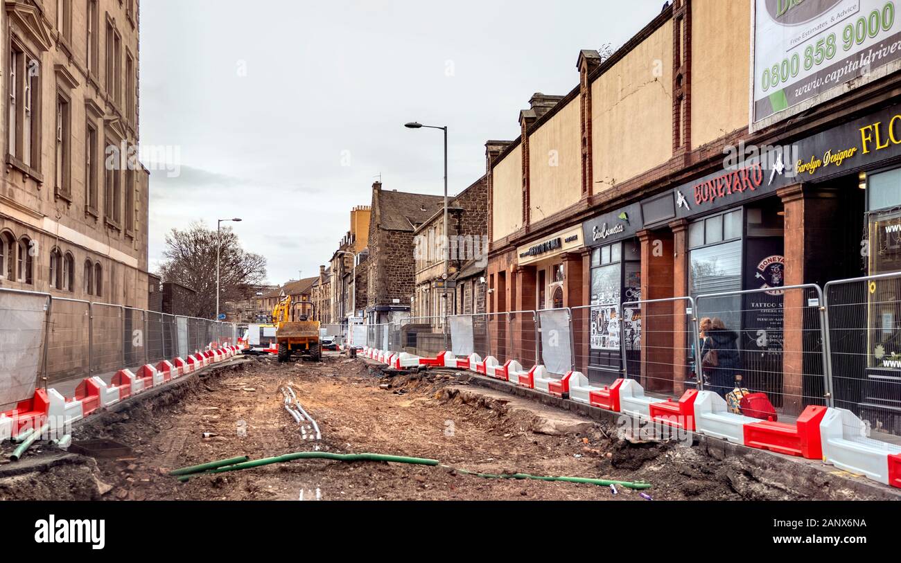 Edinburgh Tram Works in Constitution Street, Leith, Edinburgh, Scotland, UK. Stock Photo