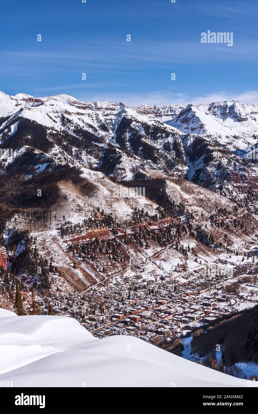 Scenic view of Telluride, Colorado in winter snow Stock Photo