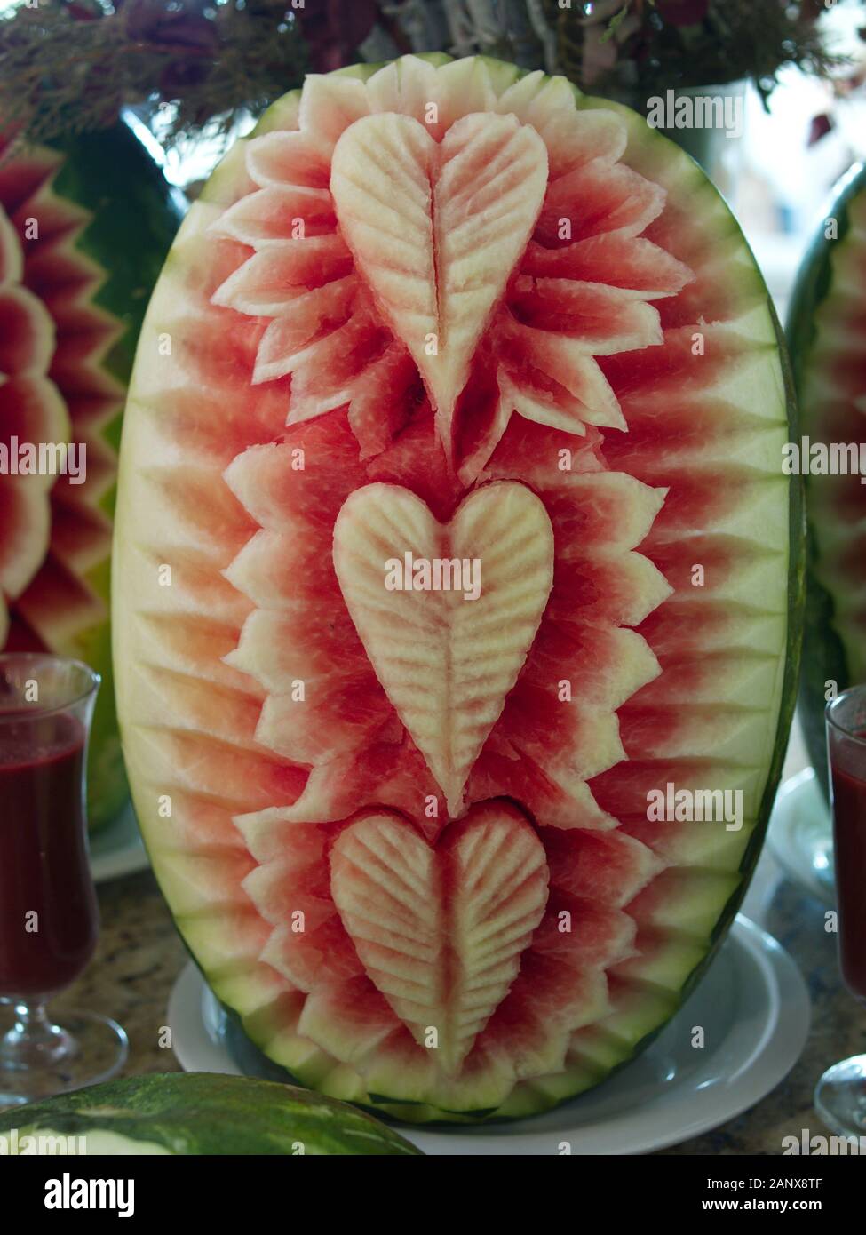 Watermelon carving art name 'Mukimono'. Traditional Japanese art. Stock Photo