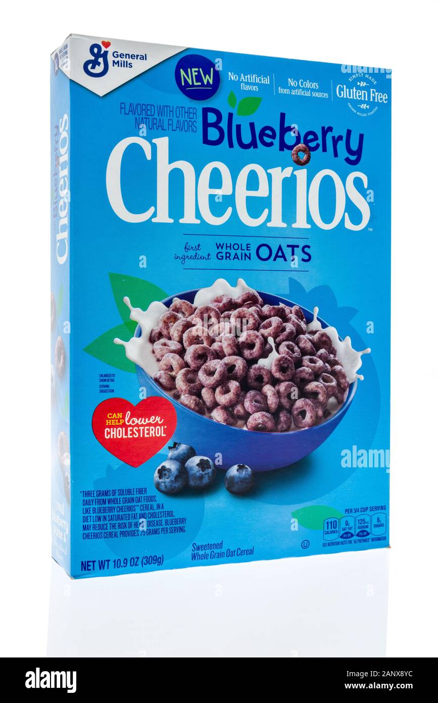 Winneconne, WI - 19 January 2019 : A package of Cherrios in Blueberry flavor on an isolated background Stock Photo