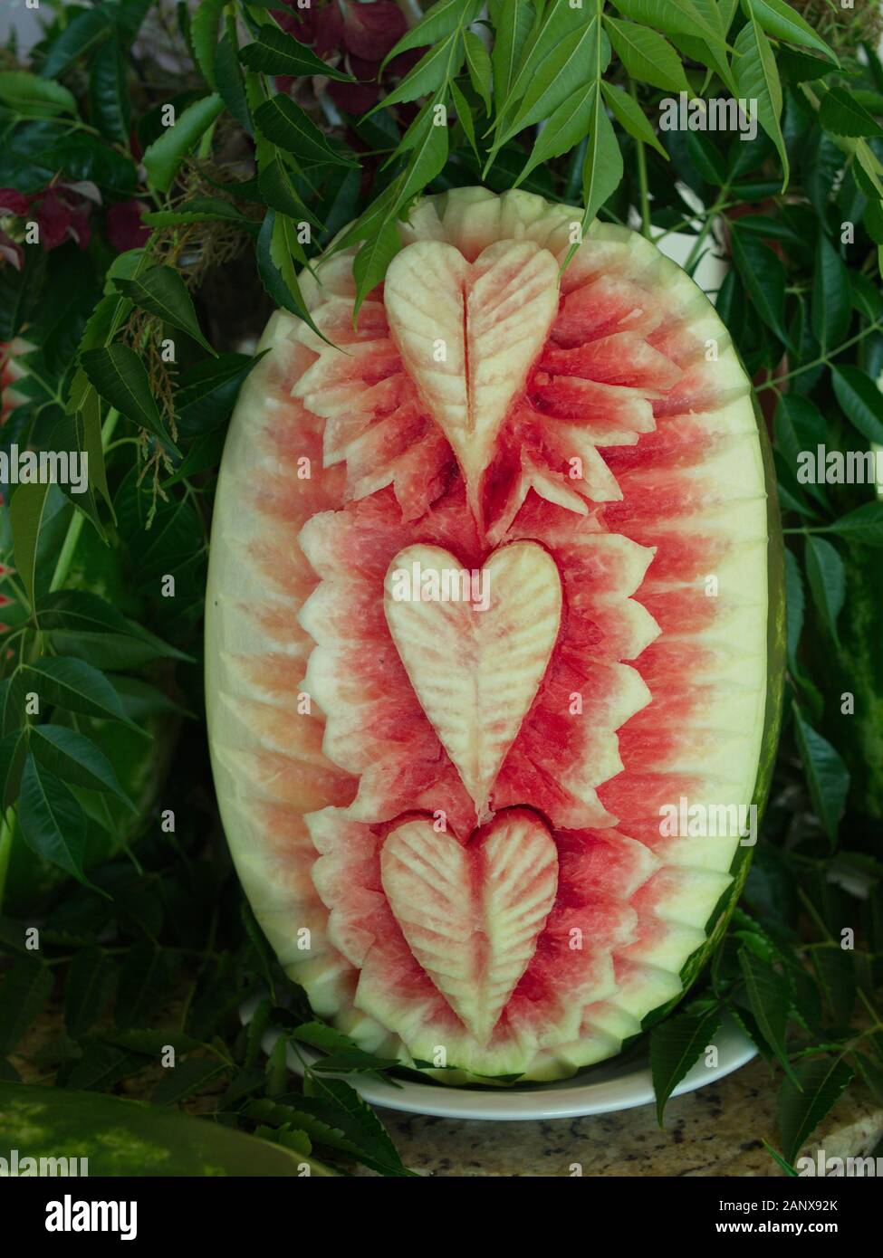 Watermelon carving art name 'Mukimono'. Traditional Japanese art. Stock Photo