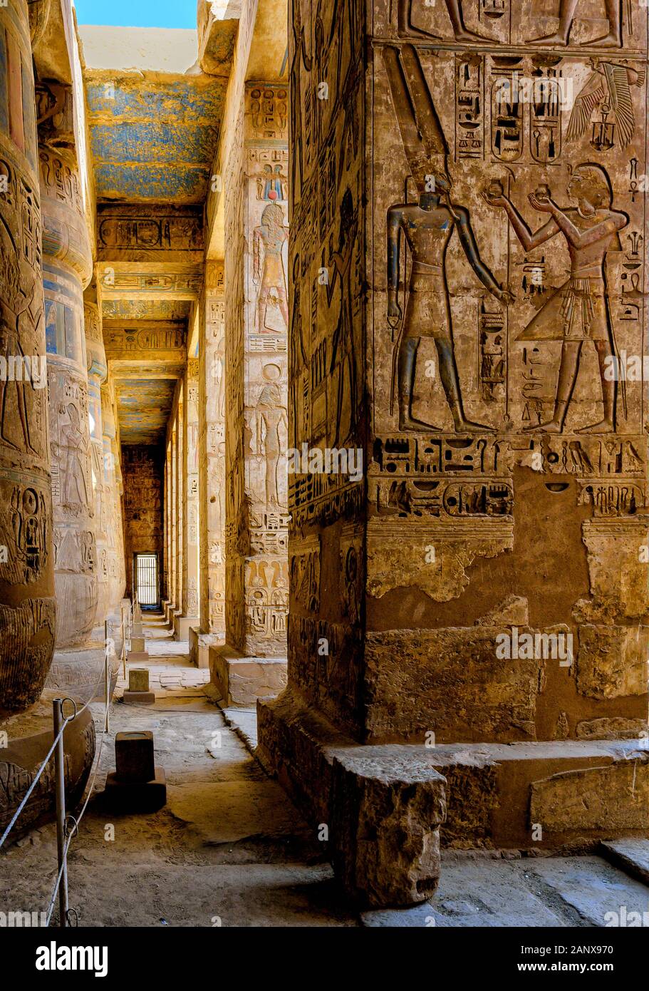 Pillars in the second court of Medinet Habu Temple are decorated with