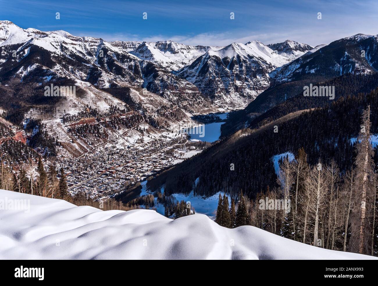 Telluride, Colorado and the San Juan Mountains with winter snow Stock Photo