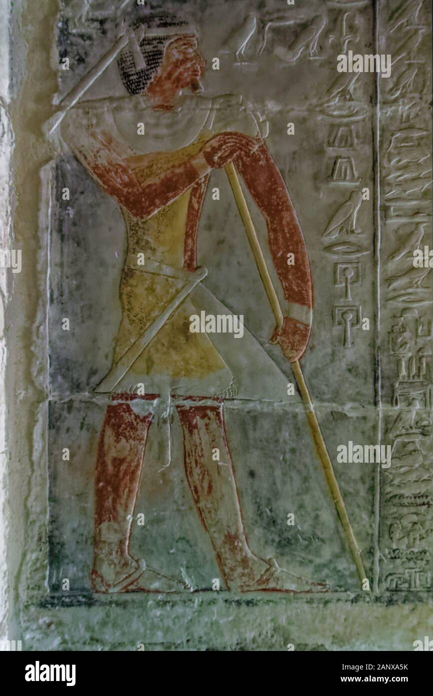 Colorful artwork in the tomb of Mehu portray everyday life for Egyptians who lived more than a thousand years before the Giza pyramids were built Stock Photo
